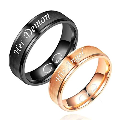 2 Piezas Anillo Acero Inoxidable Grabado Amor Infinito Her Demon y His Angel Oro Rosa Negro Oro Rosa Negro Mujer Talla 17 + Hombre Talla 25