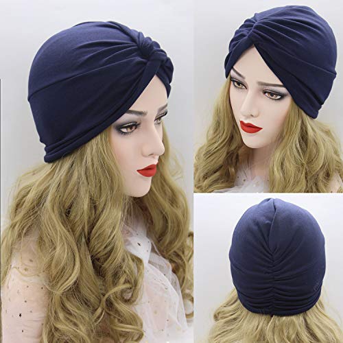 2 Piezas Pañuelos Oncológicos Turbante Gorros Oncológicos Mujer Pañuelos Quimioterapia Cabeza Mujer Algodón Elástico Frontal Cruzado Turbante para Mujer Cáncer Pérdida de Pelo (Azul Marino+Caqui)