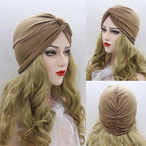 2 Piezas Pañuelos Oncológicos Turbante Gorros Oncológicos Mujer Pañuelos Quimioterapia Cabeza Mujer Algodón Elástico Frontal Cruzado Turbante para Mujer Cáncer Pérdida de Pelo (Azul Marino+Caqui)