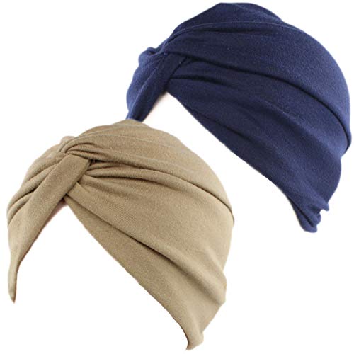 2 Piezas Pañuelos Oncológicos Turbante Gorros Oncológicos Mujer Pañuelos Quimioterapia Cabeza Mujer Algodón Elástico Frontal Cruzado Turbante para Mujer Cáncer Pérdida de Pelo (Azul Marino+Caqui)