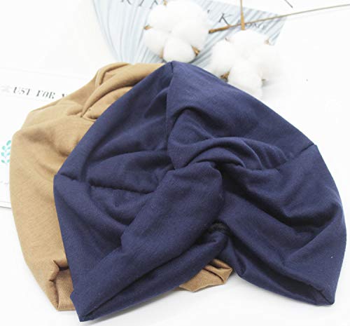 2 Piezas Pañuelos Oncológicos Turbante Gorros Oncológicos Mujer Pañuelos Quimioterapia Cabeza Mujer Algodón Elástico Frontal Cruzado Turbante para Mujer Cáncer Pérdida de Pelo (Azul Marino+Caqui)