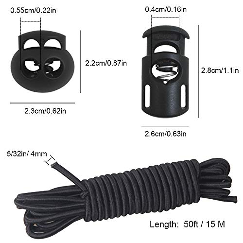 20 piezas de cierre de cordón de plástico y cuerda de nylon de 5/32 pulgadas, SourceTon 10 piezas de orificio único, 10 piezas de tope deslizante con extremo de resorte de doble orificio (negro)