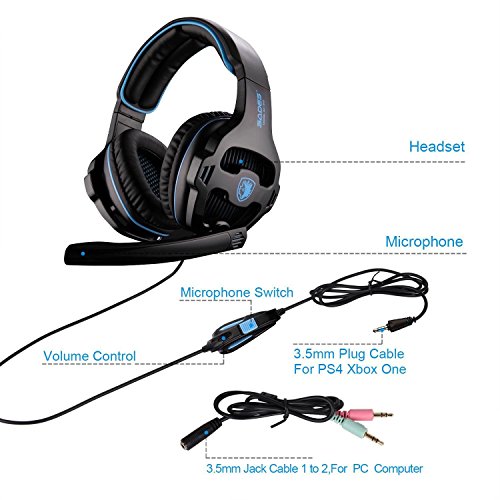 [2016 SADES SA810 Gaming Headset Nuevo lanzado Multi-Plataforma Nuevo Xbox One Juego de Auriculares PS4], Auriculares de Juego Auriculares para Xbox uno PS4 PC portátil Mac iPad iPod (Negro y Azul)