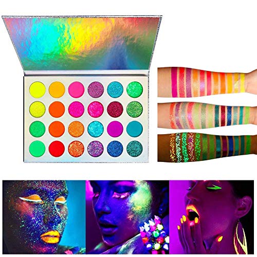 24 colores Paleta de sombras de ojos Glow, Neon Eyeshadow Palette Glow in the Dark, Sombra de ojos luminosa, Impermeable a prueba de sudor Sombra, Para ojos, cara, cuerpo, cabello