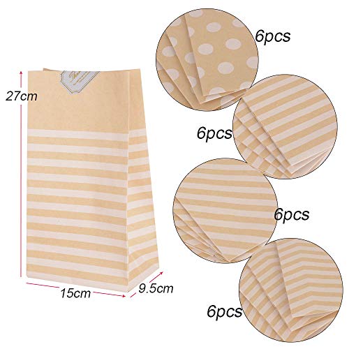 24pcs (15*9.7*27cm) Bolsas de Papel Kraft Bolsas de Regalo de Papel 4 Estilos + 24 Pegatinas + 2*5m Cuerdas Sin Asas para Navidad Boda Fiestas Cumpleaños Comida Caramelos Dulces Galletas Chocolates