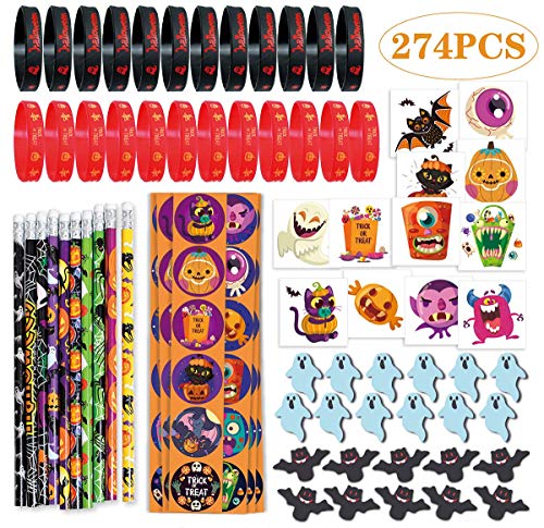 274PCS Halloween Toys Party Favor Bulk, 10 Pencils, 24 Erasers, 24 Bracelets, 144 Stickers, 72 Temporary Tattoos