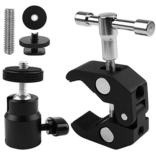 2Pack ChromLives Montaje de Abrazadera de cámara Cabeza de Bola- Súper Abrazadera y Mini Cabeza de Bola Zapata Caliente con 1/4"-20 Tornillo para Monitor, Luces LED, Flash, micrófono y más