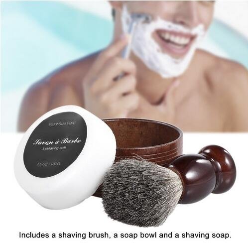 3 brochas de afeitar para el pelo con mango de madera maciza natural marrón de madera para barba y jabón de afeitado de 100 g de leche de cabra para hombres con jabón de afeitar de espuma
