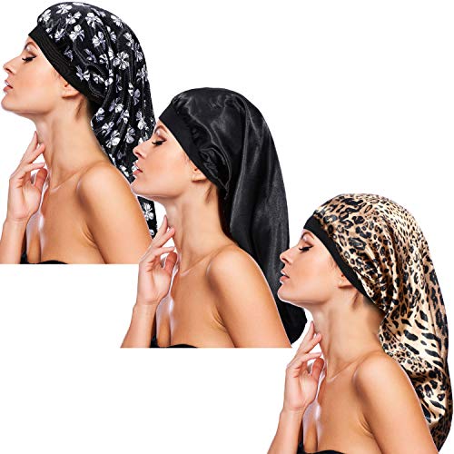 3 Paquetes Gorro de Dormir de Satén Largo para Pelo Largo, Gorra de Satén de Seda Satén de Doble Capa para Mujeres con Dreadlocks Cabello Rizado