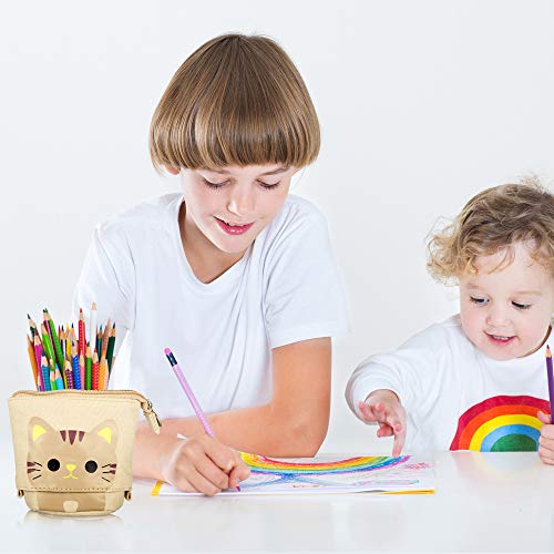 3 Piezas de Estuche Escolar con Dibujo de Lindo Gato Retráctil Portalápices de Transformador de Lona PU Bolsa de Cosméticos Maquillaje Bolsa de Papelería con Cremallera para Alumnos Chicos Chicas