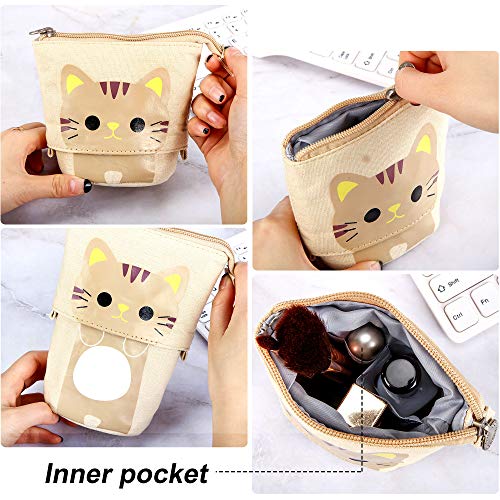 3 Piezas de Estuche Escolar con Dibujo de Lindo Gato Retráctil Portalápices de Transformador de Lona PU Bolsa de Cosméticos Maquillaje Bolsa de Papelería con Cremallera para Alumnos Chicos Chicas