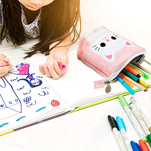 3 Piezas de Estuche Escolar con Dibujo de Lindo Gato Retráctil Portalápices de Transformador de Lona PU Bolsa de Cosméticos Maquillaje Bolsa de Papelería con Cremallera para Alumnos Chicos Chicas