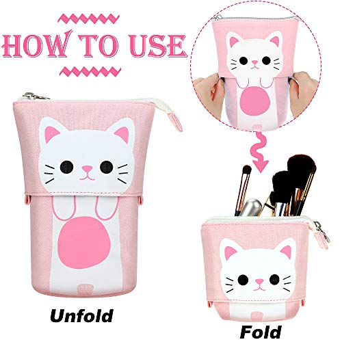 3 Piezas de Estuche Escolar con Dibujo de Lindo Gato Retráctil Portalápices de Transformador de Lona PU Bolsa de Cosméticos Maquillaje Bolsa de Papelería con Cremallera para Alumnos Chicos Chicas