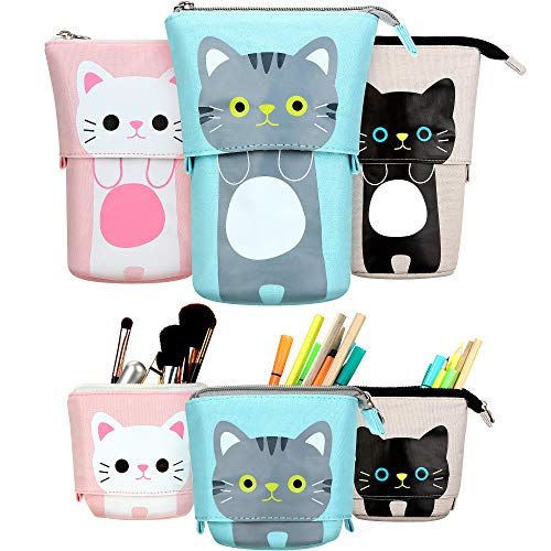 3 Piezas de Estuche Escolar con Dibujo de Lindo Gato Retráctil Portalápices de Transformador de Lona PU Bolsa de Cosméticos Maquillaje Bolsa de Papelería con Cremallera para Alumnos Chicos Chicas