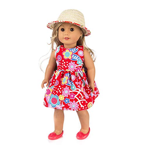 3 Piezas Ropa Vestido Estampado Verano sin Manga+ Sombrero de Paja+Zapatos Moda para 18 Pulgadas Muñeca Americana Chica Gusspower