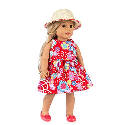 3 Piezas Ropa Vestido Estampado Verano sin Manga+ Sombrero de Paja+Zapatos Moda para 18 Pulgadas Muñeca Americana Chica Gusspower
