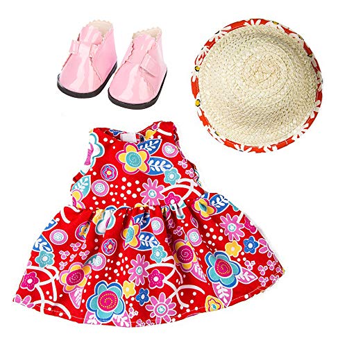 3 Piezas Ropa Vestido Estampado Verano sin Manga+ Sombrero de Paja+Zapatos Moda para 18 Pulgadas Muñeca Americana Chica Gusspower