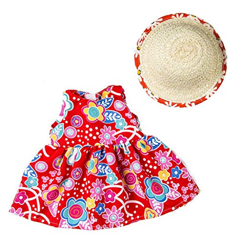 3 Piezas Ropa Vestido Estampado Verano sin Manga+ Sombrero de Paja+Zapatos Moda para 18 Pulgadas Muñeca Americana Chica Gusspower