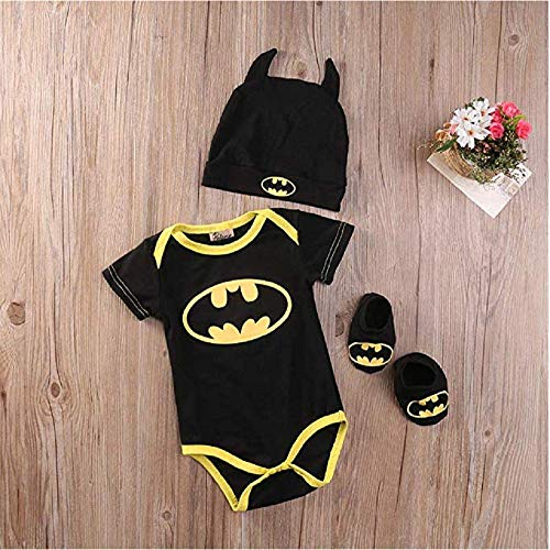 3 Unids Ropa Bebe Verano BEB¨¦S Reci¨¦N Nacidos Bebe Ni?Os Batman Mamelucos Zapatos Trajes De Sombrero Ropa Set BEB¨¦ Fresco Traje De Tela De Batman (Negra A, 80(6-12 Meses))