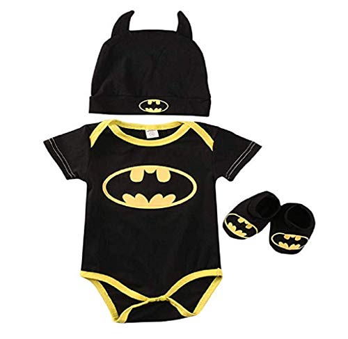 3 Unids Ropa Bebe Verano BEB¨¦S Reci¨¦N Nacidos Bebe Ni?Os Batman Mamelucos Zapatos Trajes De Sombrero Ropa Set BEB¨¦ Fresco Traje De Tela De Batman (Negra A, 80(6-12 Meses))