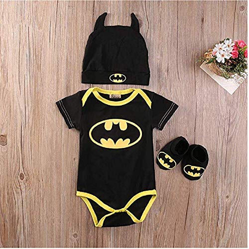 3 Unids Ropa Bebe Verano BEB¨¦S Reci¨¦N Nacidos Bebe Ni?Os Batman Mamelucos Zapatos Trajes De Sombrero Ropa Set BEB¨¦ Fresco Traje De Tela De Batman (Negra A, 80(6-12 Meses))