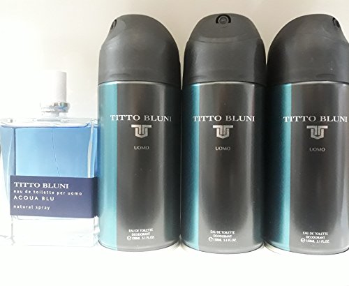3 x Titto Bluni UOMO deo spray 150 ml + EDT 100 ml Titto Bluni Acqua Blu sin caja