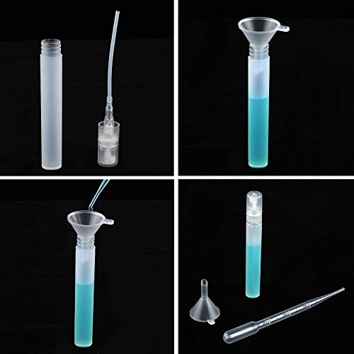 30 Mini Botella de Spray de Perfume Tubo de Perfume Esmerilado de Plástico Recargable Pulverizador de Niebla Fina Vacía de Perfume con 10 Mini Embudos y 10 Goteros Líquidos de Plástico, 10 ml, 5 ml