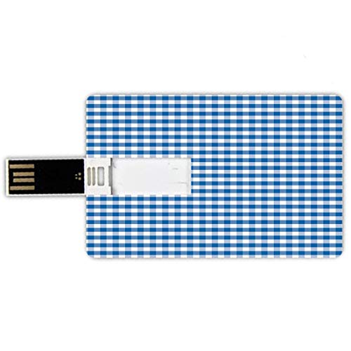 32GB Forma de tarjeta de crédito de unidades flash USB A cuadros Estilo de tarjeta de banco de Memory Stick Monocromo Guinga Cheques Clásico País Cultura Antiguo Diseño Cuadrícula Decorativo,Azul Blan