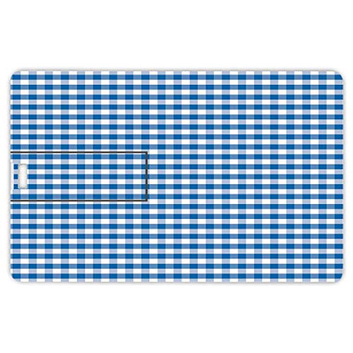 32GB Forma de tarjeta de crédito de unidades flash USB A cuadros Estilo de tarjeta de banco de Memory Stick Monocromo Guinga Cheques Clásico País Cultura Antiguo Diseño Cuadrícula Decorativo,Azul Blan