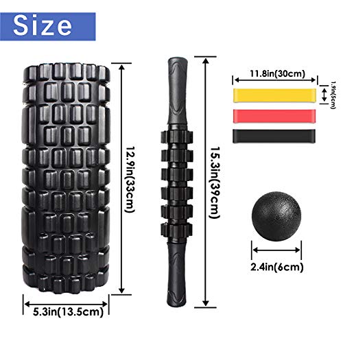 4-en-1 Foam Roller Kit, Rodillo Espuma, Rodillo Masaje, Bola de Masaje, Bandas Elasticas Fitness(3set), Rulo Masaje Muscular Fitness para Dar Masajes Profundos Relajan Músculos Rígidos y Adoloridos.