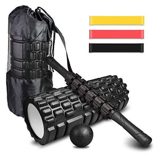 4-en-1 Foam Roller Kit, Rodillo Espuma, Rodillo Masaje, Bola de Masaje, Bandas Elasticas Fitness(3set), Rulo Masaje Muscular Fitness para Dar Masajes Profundos Relajan Músculos Rígidos y Adoloridos.