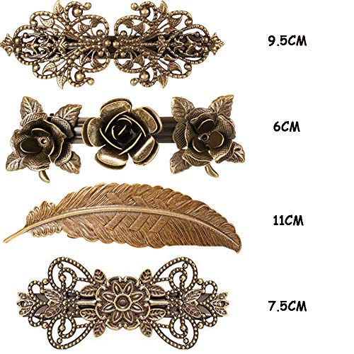 4 pasadores de pelo vintage de metal francés, diseño de rosas, plumas de bronce, accesorios para el cabello para mujer