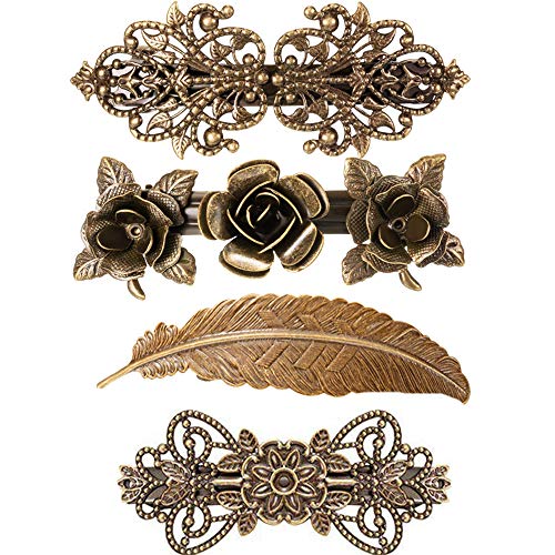 4 pasadores de pelo vintage de metal francés, diseño de rosas, plumas de bronce, accesorios para el cabello para mujer