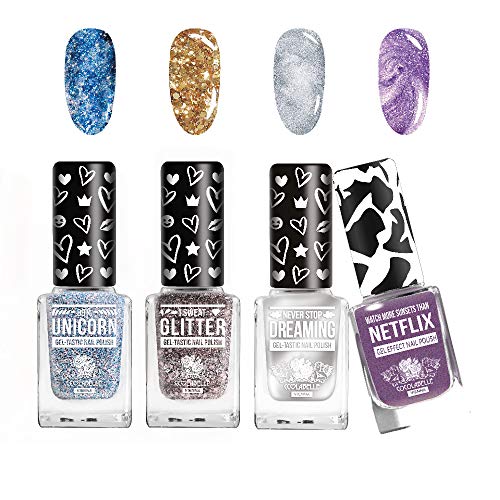 4 x set de esmaltes de uñas CCL Beauty"Gel-Tastic" GLITTER BESTIES de secado rápido con efectos metálicos y brillantes con pincel XL para una fácil aplicación (4 x 12ML) sin lámpara UV