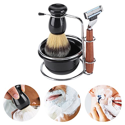 4Pcs Kit de Afeitar Set de Cepillos con Soporte de Acero Inoxidable Sostenedor de Afeitar Shaver Shaving Bowl para Hombres Manual Shave
