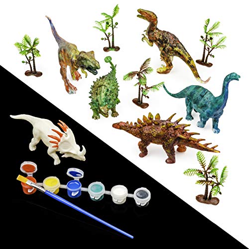 5 Dinosaurios y kit de Pintura con pinceles - Conjunto de arte todo incluido, ideal para fanaticos con dinosaurios, perfecto para manualidades y actividades.