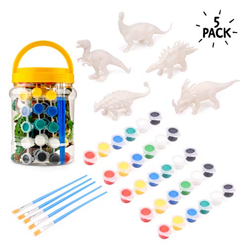 5 Dinosaurios y kit de Pintura con pinceles - Conjunto de arte todo incluido, ideal para fanaticos con dinosaurios, perfecto para manualidades y actividades.
