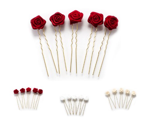 5 horquillas con rosas - accesorios para el cabello - para cabello plano - oro - Rojo Burdeos
