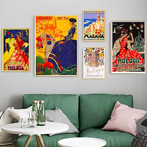 5 Unids Spanish Harbor City Málaga Viajes Lienzos Cuadros Vintage Imágenes Carteles Kraft Revestidos Pegatinas de Pared Decoración del Hogar Regalo Sin Marco