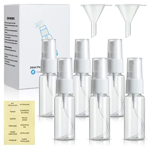 6 botellas de spray de 20 ml, pequeñas botellas de perfume vacías de viaje con spray recargable para aceite de cocina con 2 embudos y 12 etiquetas