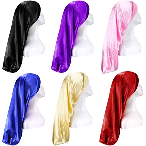 6 Piezas Gorros de Dormir Largo Satén Gorros de Trenzas Largas Suelto de Color Sólido para Mujer Pelo Rizado Rastas