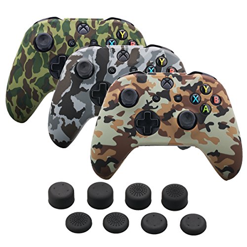 9CDeer 3 Piezas de Silicona Transferencia de Agua Protector Manga Caso Cubrir Piel Cover Skin + 8 Thumb Grip Puños de Pulgar Gorras Analógicas para Mando Xbox One/S/X, Camuflaje Marrón Gris Verde