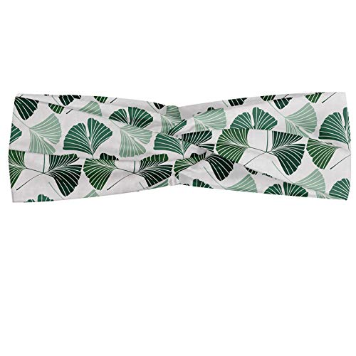 ABAKUHAUS Diadame Gingko, Banda Elástica y Suave para Mujer para Deportes y Uso Diario Patrón de la madre naturaleza hojas de Ginkgo biloba árbol homeopática Terapia follaje, Verde y blanco