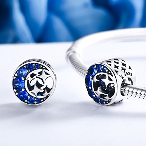 Abalorio De Mujer De Plata De Ley De 925 Estrella Lunar Charm Con Azul Zirconia Compatible Con Pulseras