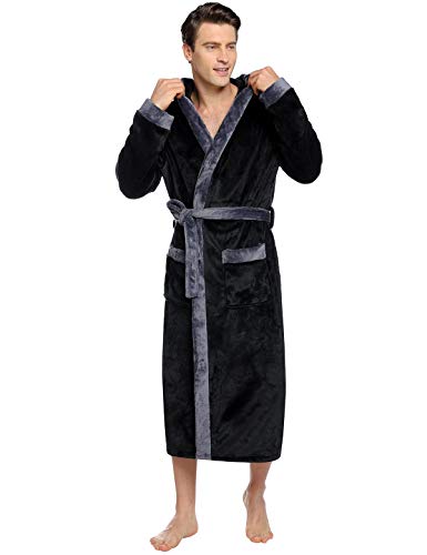 Abollria Bata para Hombre Invierno Franela Albornoz Bata Larga Ropa de Casa para Hombre con Capucha