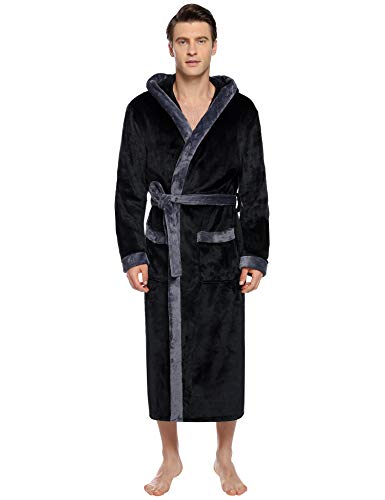 Abollria Bata para Hombre Invierno Franela Albornoz Bata Larga Ropa de Casa para Hombre con Capucha