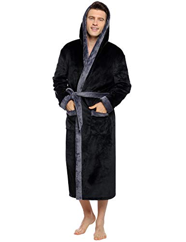 Abollria Bata para Hombre Invierno Franela Albornoz Bata Larga Ropa de Casa para Hombre con Capucha