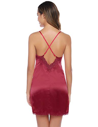 Abollria Camisón Sexy Mujer Elegante Albornoz de Dormir Conjunto de Kimono Batas Vestidos de Dormir de Dos Piezas Vino Rojo,L