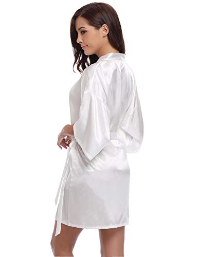 Abollria Kimono Mujer Bata para Satén Mujer Ropa de Dormir Batas Blanco,S