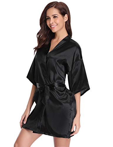 Abollria Kimono Mujer Bata para Satén Mujer Ropa de Dormir Batas Negro,S